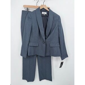Le Suit Womens 10 Blue Gray Shawl Collar One Button Blazer Pant Suit Set NWT